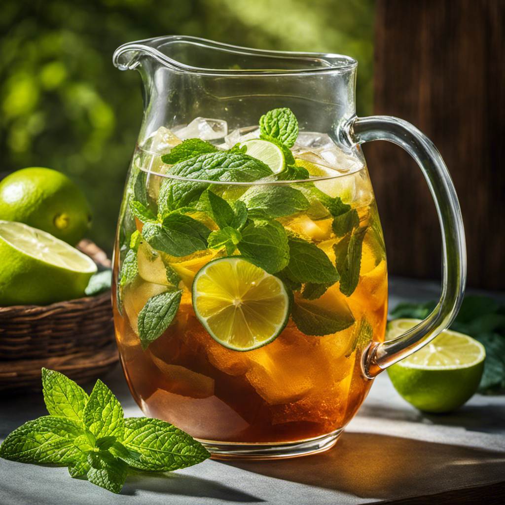 An image of a glass pitcher filled with icy Yerba Mate iced tea, adorned with sprigs of fresh mint and slices of zesty lime