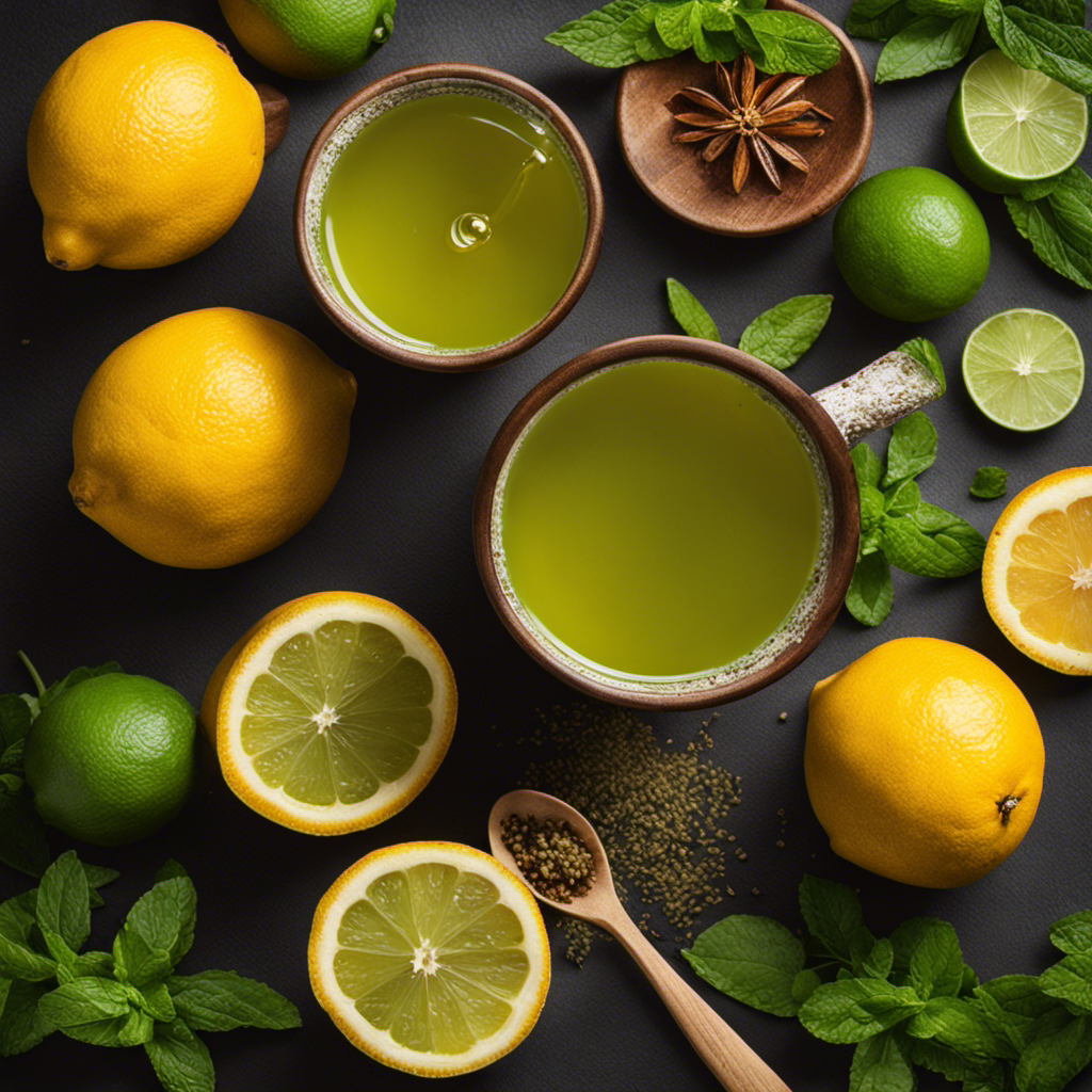 An image showcasing a steaming cup of Yerba Mate infused with citrus slices, mint leaves, and a touch of honey