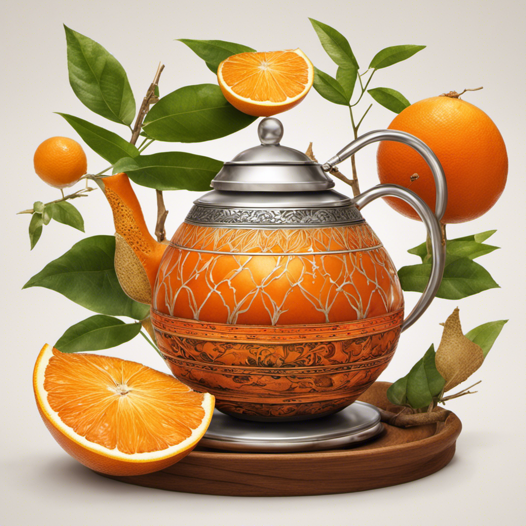 An image showcasing a vibrant orange yerba mate tea being prepared in a traditional gourd, with steam gently rising above