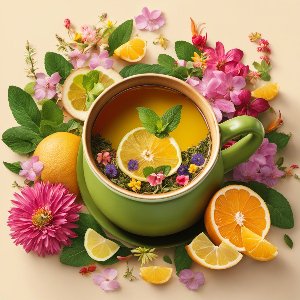 An image depicting a vibrant cup of yerba mate adorned with slices of zesty citrus fruits, fresh mint leaves, and delicate petals of vibrant flowers, all immersed in a steamy brew
