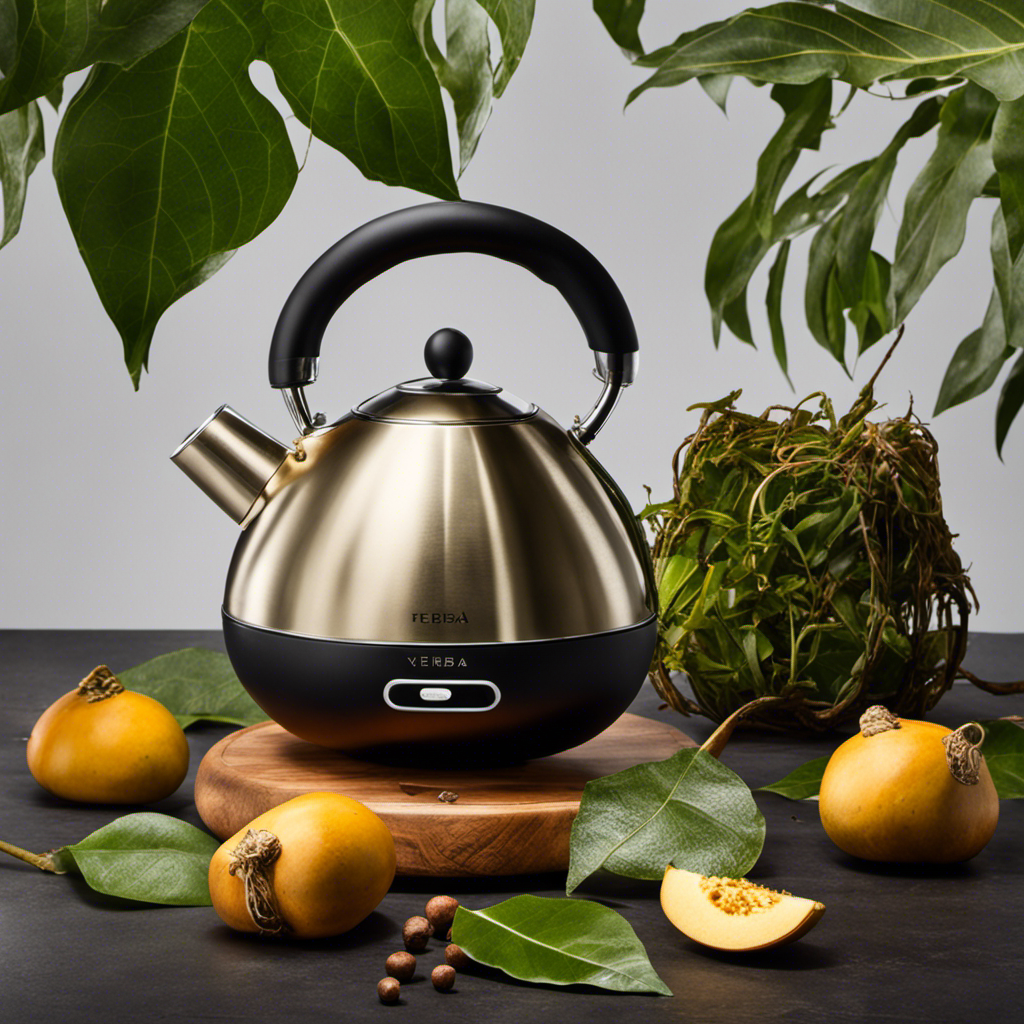 An image that captures the effortless process of preparing Yerba Mate: showcase a modern electric kettle, a traditional gourd, and a stainless steel bombilla, surrounded by vibrant loose leaves and steam rising leisurely
