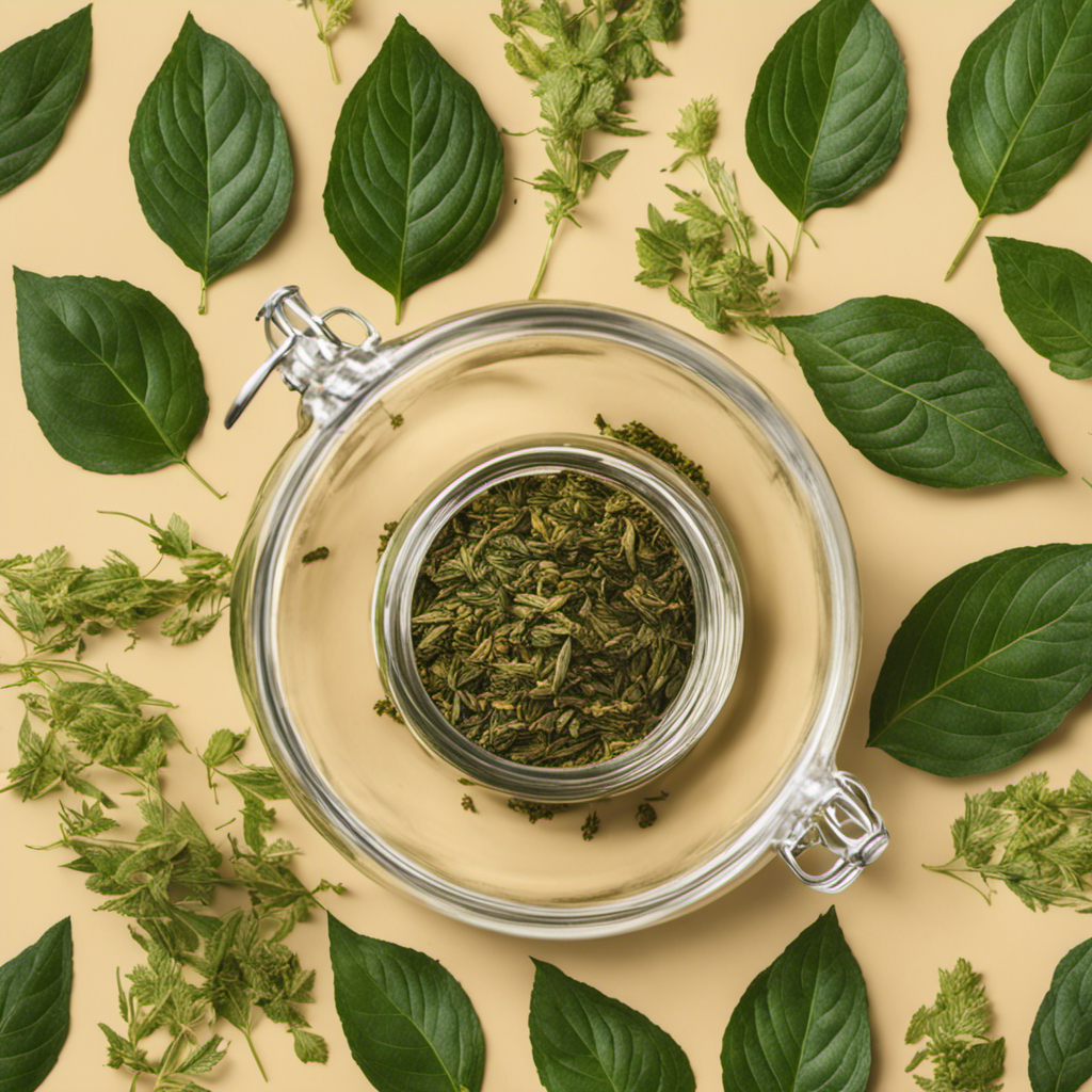 An image capturing the process of making yerba mate tincture: hands meticulously measuring dried yerba mate leaves into a glass jar, pouring clear alcohol over it, and sealing it tightly