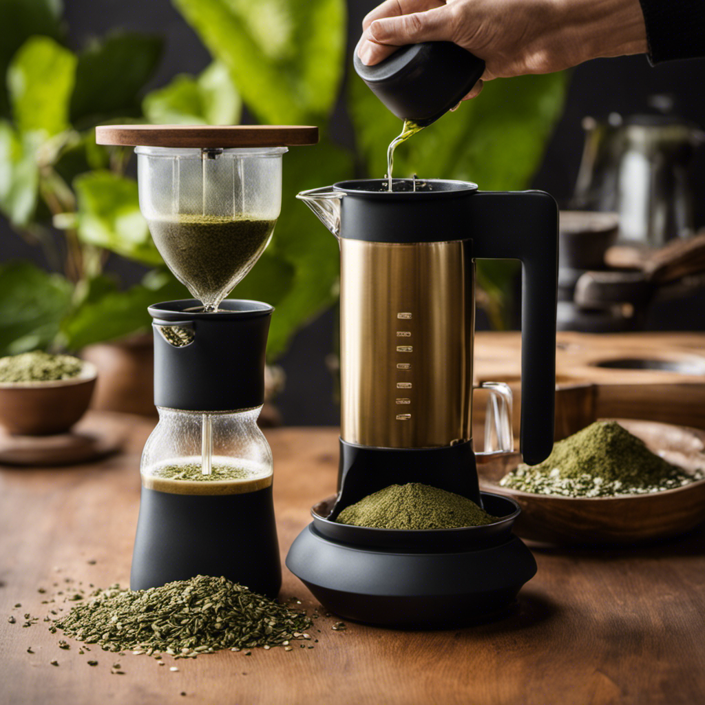 An image capturing the step-by-step process of brewing Yerba Mate with an Aeropress: grinding the leaves, measuring the perfect amount, pouring hot water, pressing down, and finally, a steaming cup of refreshing Yerba Mate