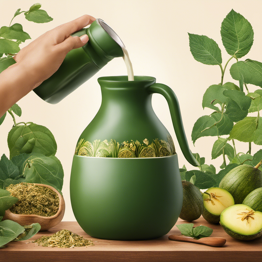 An image showcasing the step-by-step process of making Yerba Mate with milk: a hand pouring steaming milk into a gourd filled with mate leaves, capturing the vibrant green color mixing with the creamy white