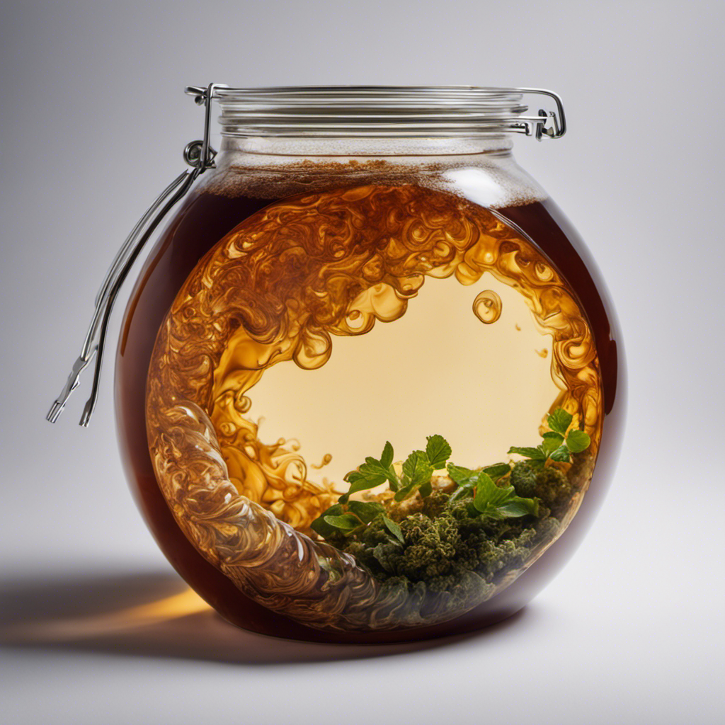 An image showcasing a glass jar filled with fermenting tea, surrounded by a vibrant, swirling liquid bubbling with effervescence