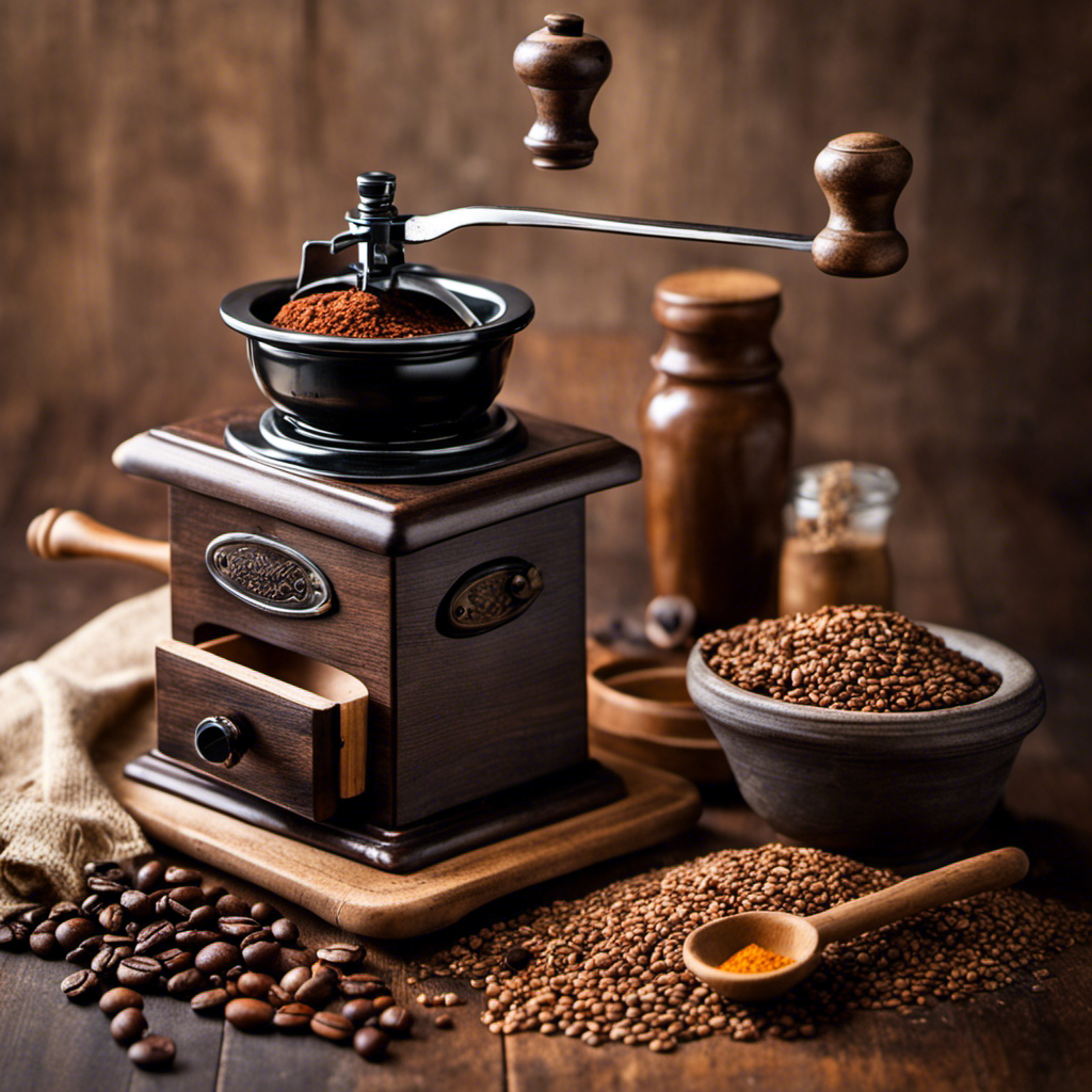 An image showcasing a rustic kitchen countertop with a vintage coffee grinder, a glass jar filled with roasted grains, a steaming cup, and a mortar and pestle subtly blending ingredients for homemade Postum
