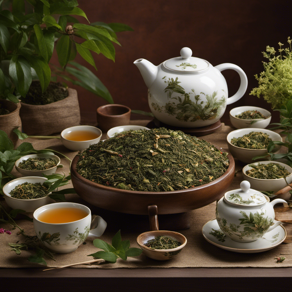 An image showcasing the delicate art of combining fragrant oolong tea leaves with vibrant, freshly-picked herbs