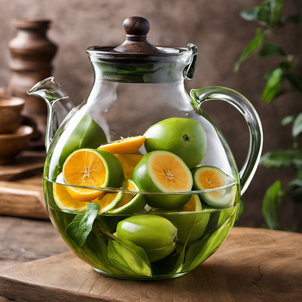 An image showcasing a traditional wooden calabash filled with sliced calabash fruit, immersed in a clear glass pitcher of water