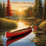  the serene beauty of a tranquil lake setting, with a vibrant red canoe gracefully gliding through the calm waters, while the golden rays of the setting sun gently illuminate its polished wooden surface