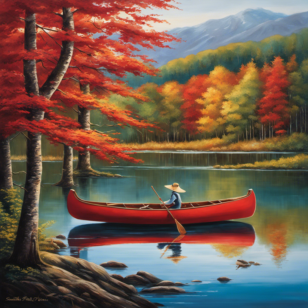 An image showcasing a serene lakeside scene: a skilled artist delicately painting a vibrant red canoe, poised on a wooden easel
