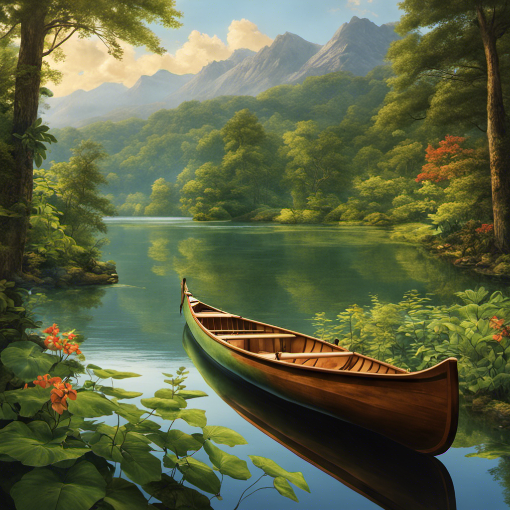 An image showcasing a serene lake surrounded by lush greenery, with a person gracefully maneuvering a canoe onto their shoulders using the yoke, demonstrating the step-by-step process of portaging a canoe