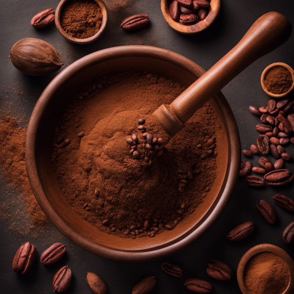 An image showcasing the step-by-step process of powdering raw cacao beans: a mortar and pestle filled with beans, a hand grinding them to a fine powder, and a cloud of rich brown dust rising