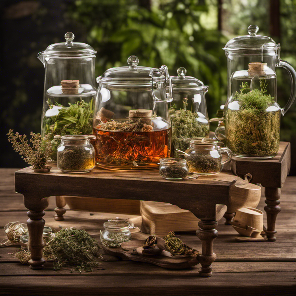 An image that showcases a rustic wooden table adorned with various glass jars filled with fragrant dried herbs, a delicate tea infuser submerged in a steaming teapot, and an elegant cup ready to be filled with a soothing blend of herbal tea