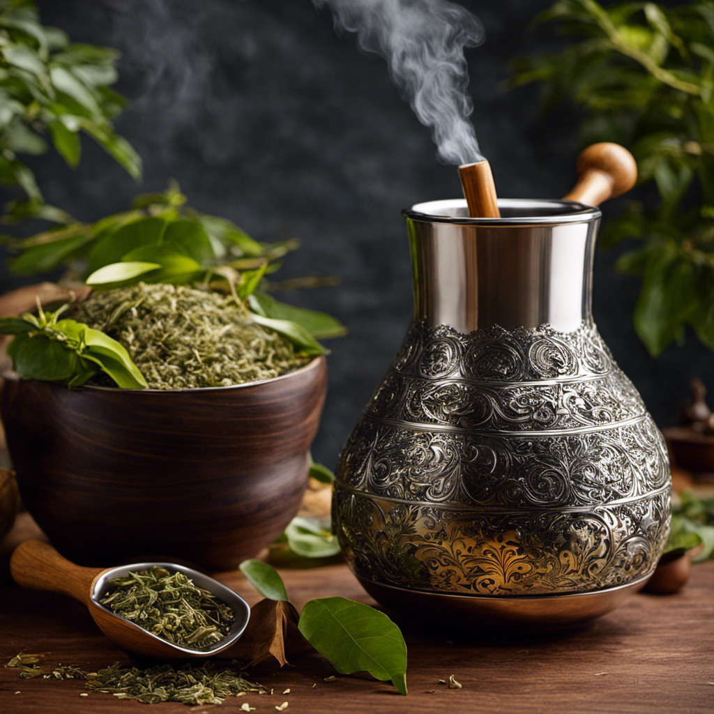 An image capturing the essence of preparing Canarias Yerba Mate: a traditional gourd filled with aromatic yerba leaves, hot water gently poured, wisps of steam rising, and a silver bombilla elegantly positioned