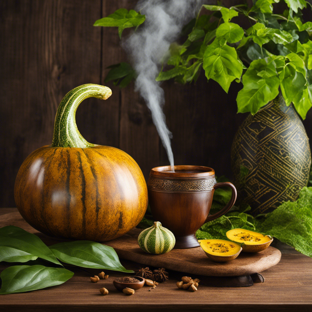 An image showcasing a serene wooden table adorned with a beautiful gourd and bombilla, surrounded by fresh green leaves and a steaming cup of Guayaki Traditional Organic Yerba Mate