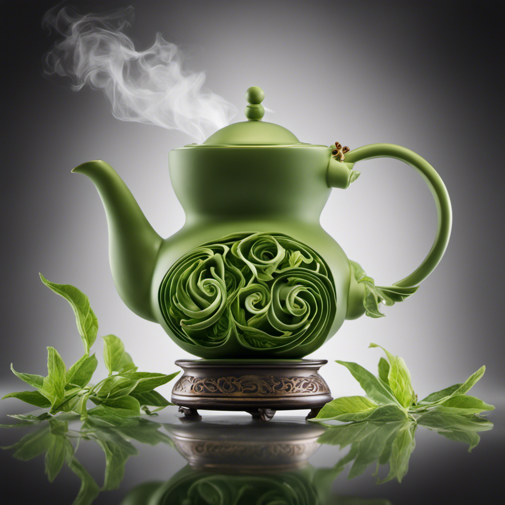 An image capturing the delicate dance of swirling steam rising from a teapot, as vibrant green tea leaves unfurl gracefully amidst the milky infusion