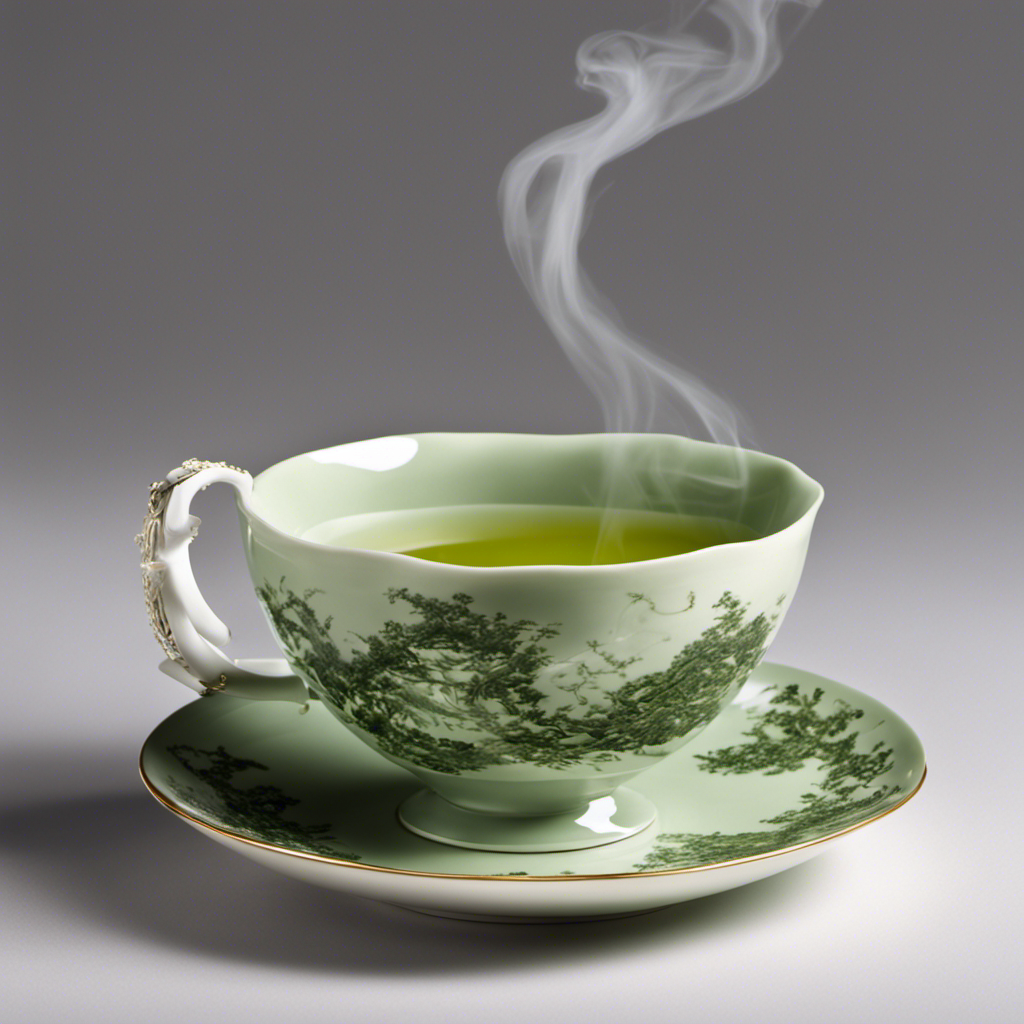 An image of a delicate porcelain teacup filled to the brim with a pale, velvety Milky Oolong Green Tea