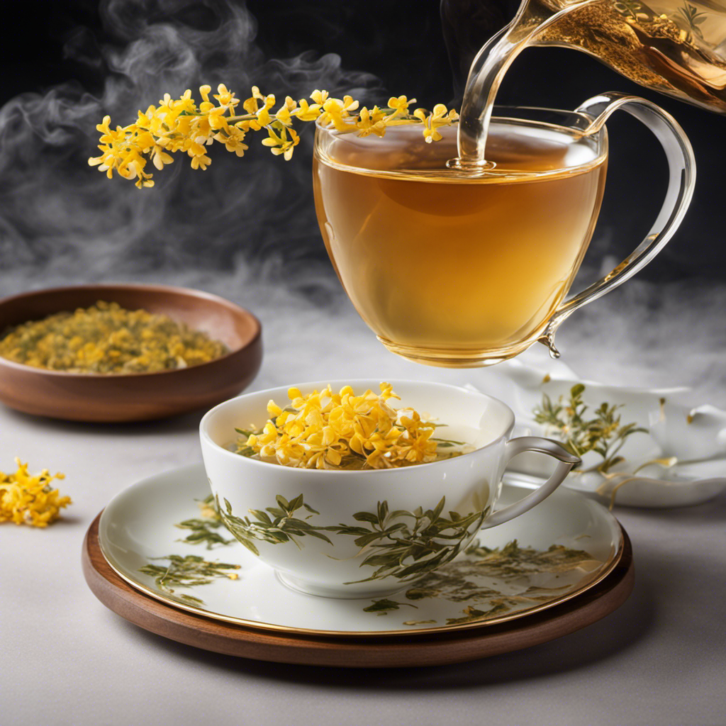 An image capturing the serene ritual of brewing Osmanthus Oolong Tea: delicate osmanthus flowers gently unfurling amidst swirling steam, a golden brew cascading into a dainty teacup