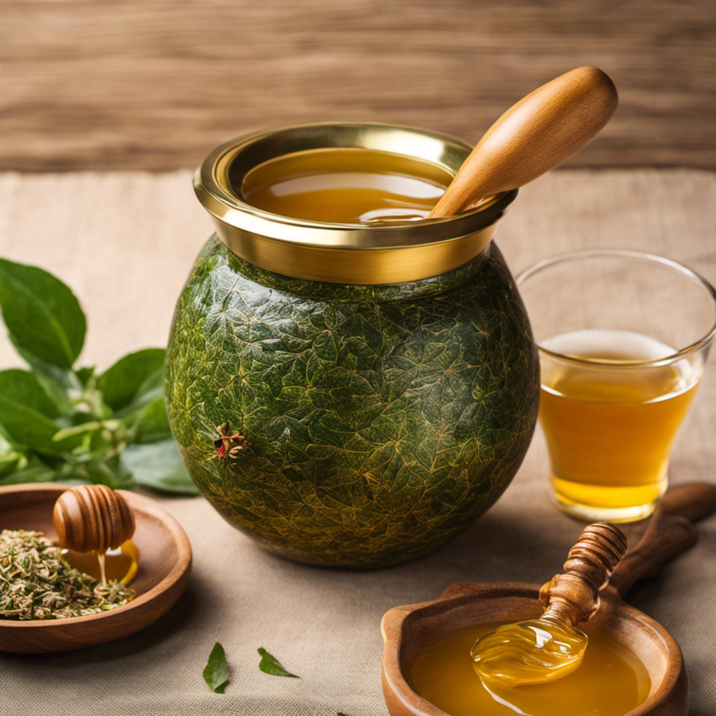 An image showcasing the art of preparing Yerba Mate with honey: A traditional gourd filled with vibrant green leaves, gently pouring hot water over them, and a golden spoon stirring in a dollop of honey