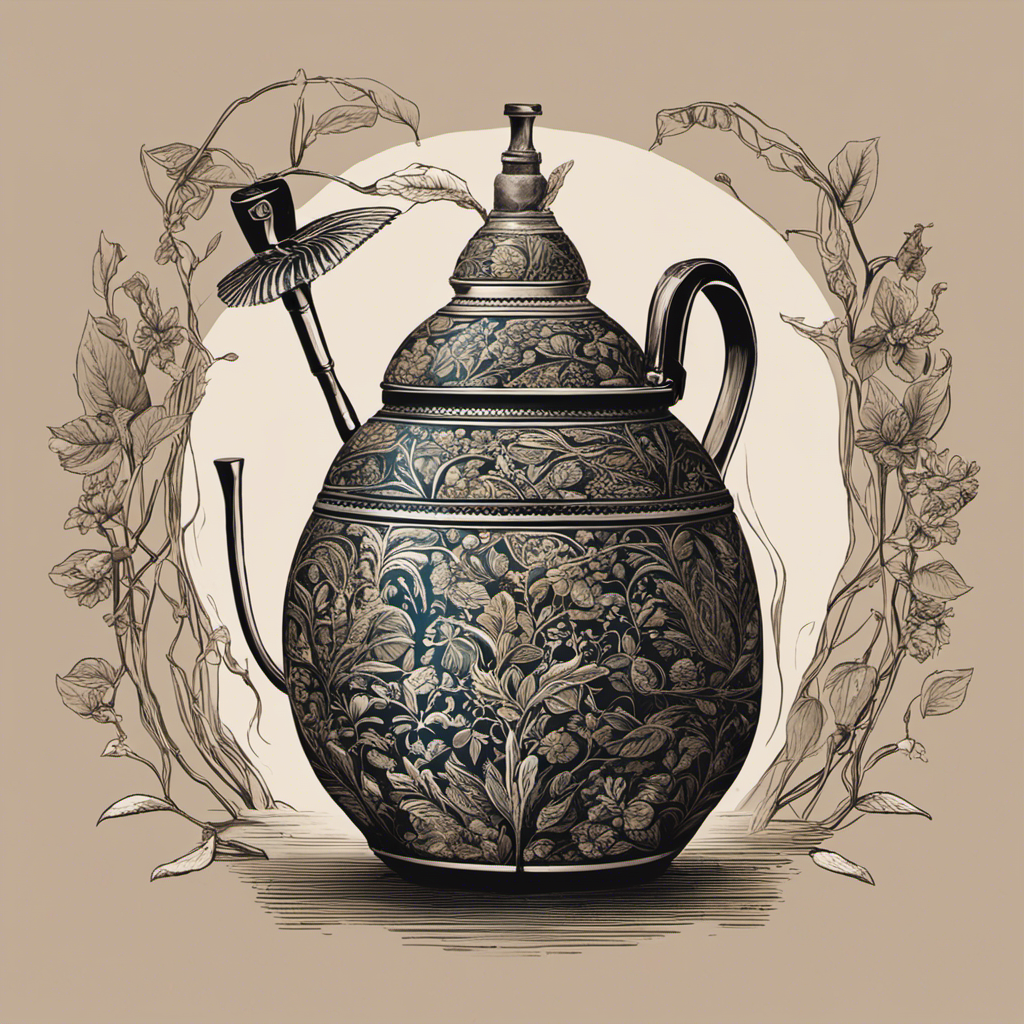 An image showcasing the intricate process of preparing yerba mate: a traditional gourd filled with loose tea leaves, hot water poured gently over them, a metal straw (bombilla) sipping the aromatic infusion
