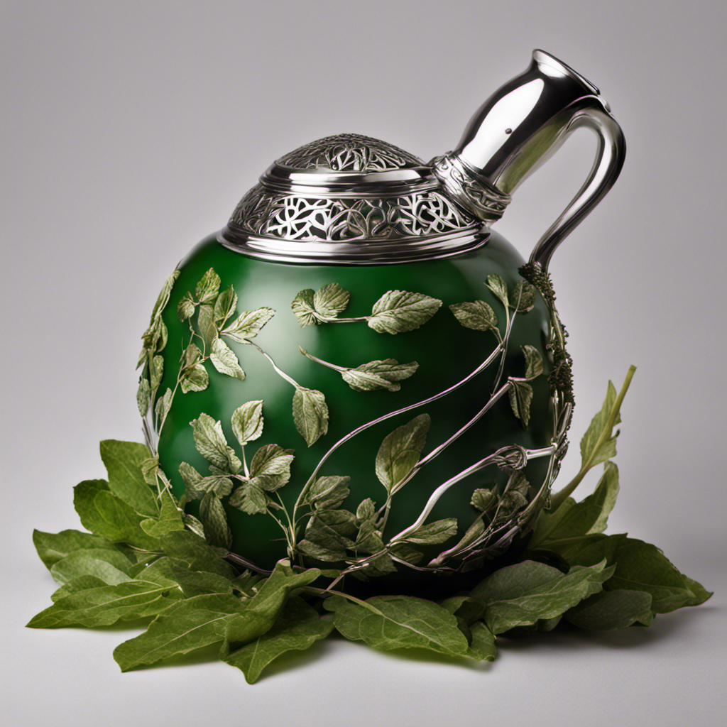 An image that showcases the ritual of drinking yerba mate: a gourd filled with vibrant green leaves, a silver bombilla immersed, wisps of steam rising, and hands gently holding the vessel