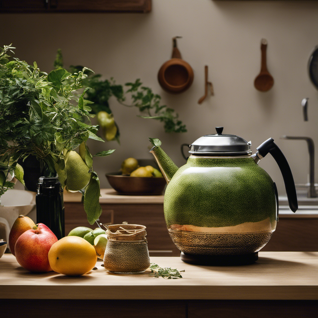 An image featuring a serene, clutter-free kitchen counter adorned with a discarded yerba mate gourd, a kettle left to cool, and a prominently placed fruit-infused water dispenser, symbolizing a healthy transition away from yerba mate consumption