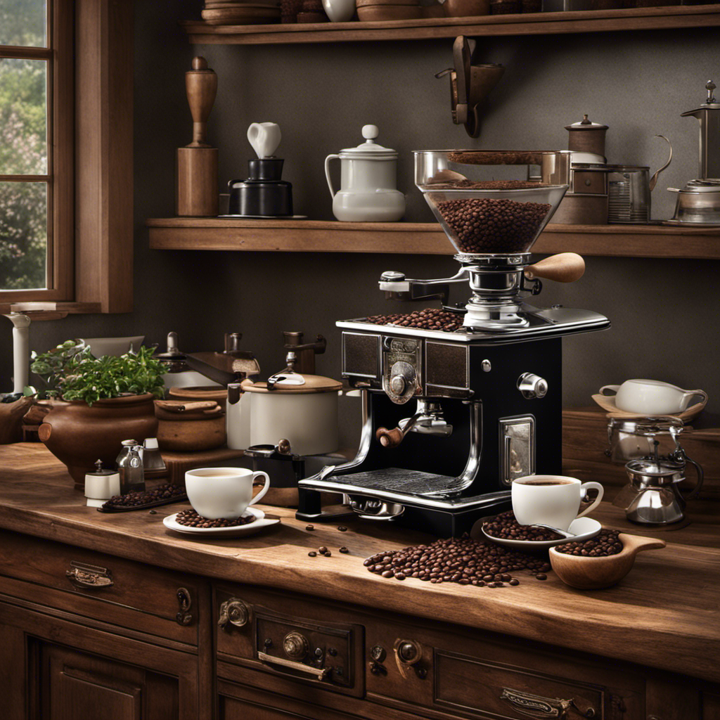 An image capturing the essence of a 1920s kitchen scene, showcasing vintage coffee beans, a manual grinder, a porcelain cup filled with dark liquid, and a steaming percolator on a gas stove