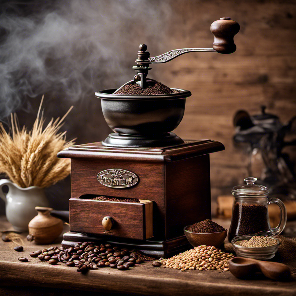 An image showcasing a rustic kitchen scene with a vintage coffee grinder, a jar of roasted barley, chicory roots, and molasses, surrounded by steam rising from a cup of freshly brewed Postum