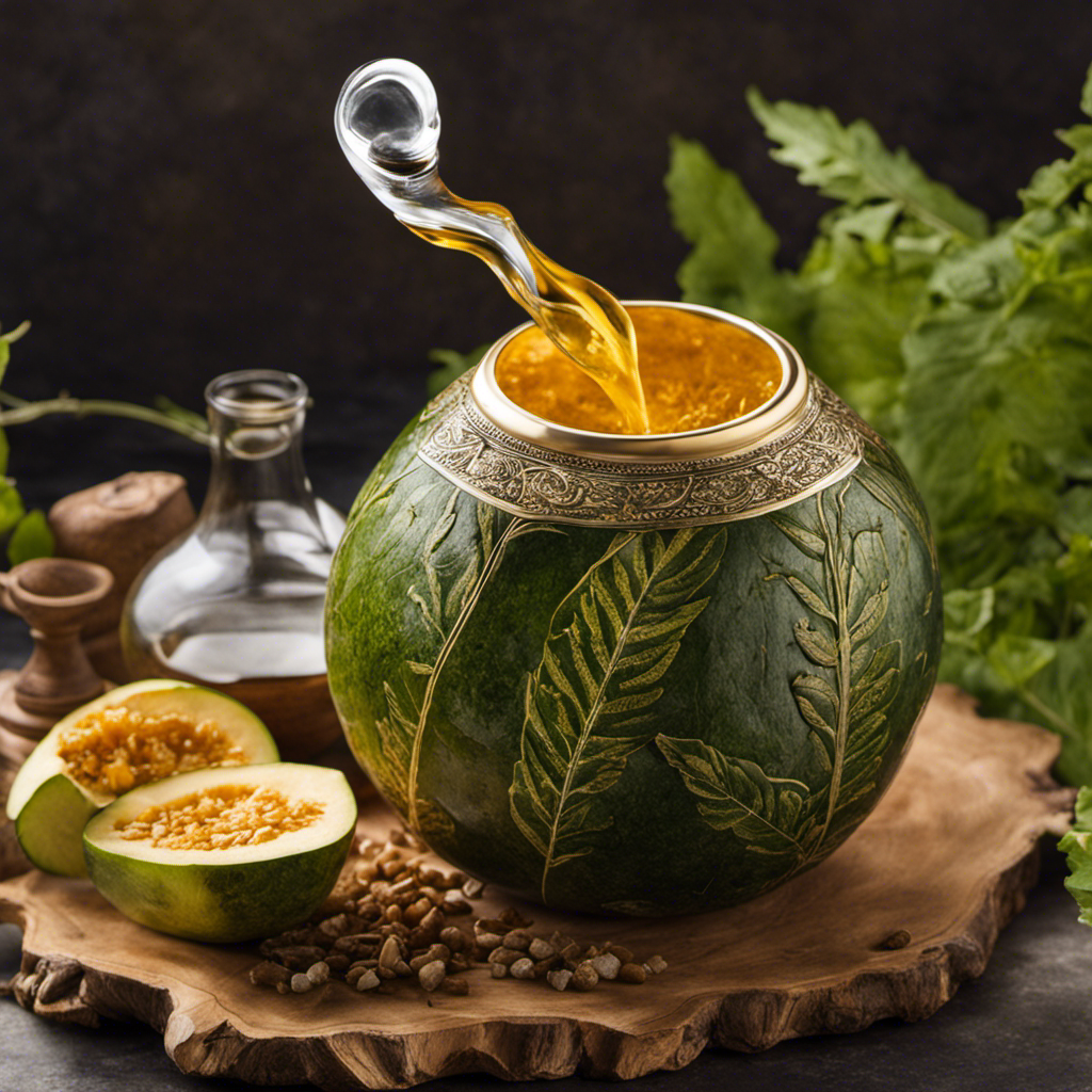 An image showcasing a traditional gourd filled with vibrant, freshly harvested yerba mate leaves