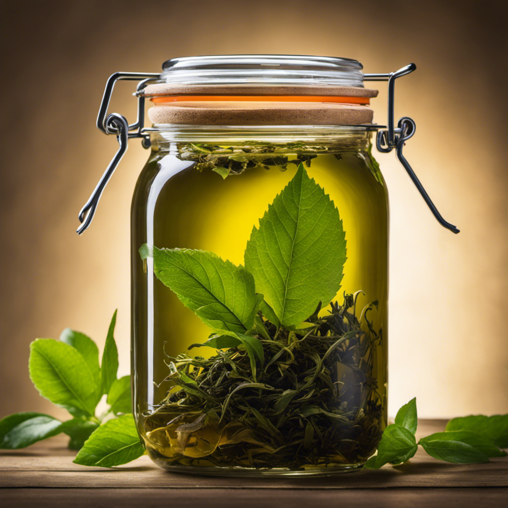 An image showcasing a glass jar filled with freshly brewed Kombucha tea, surrounded by vibrant green tea leaves and a scoby floating on the surface, ready to restart the fermentation process
