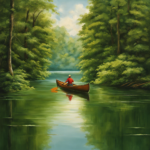 An image showcasing a serene lake surrounded by lush greenery, with a skilled canoeist effortlessly gliding through the water