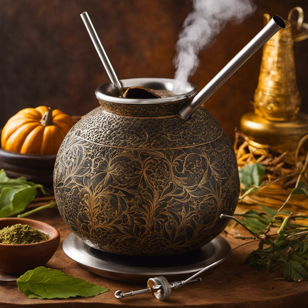 An image showcasing a traditional gourd filled with steaming yerba mate, a metal straw (bombilla), and a thermometer immersed in the hot water