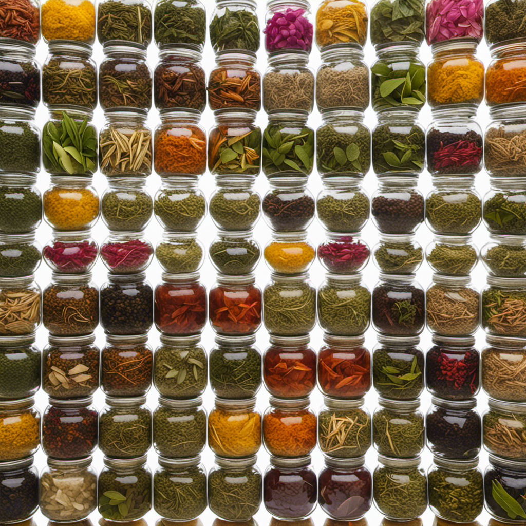An image showcasing a vibrant assortment of organically grown herbal tea leaves, neatly arranged in glass jars, ready to be sold on Amazon