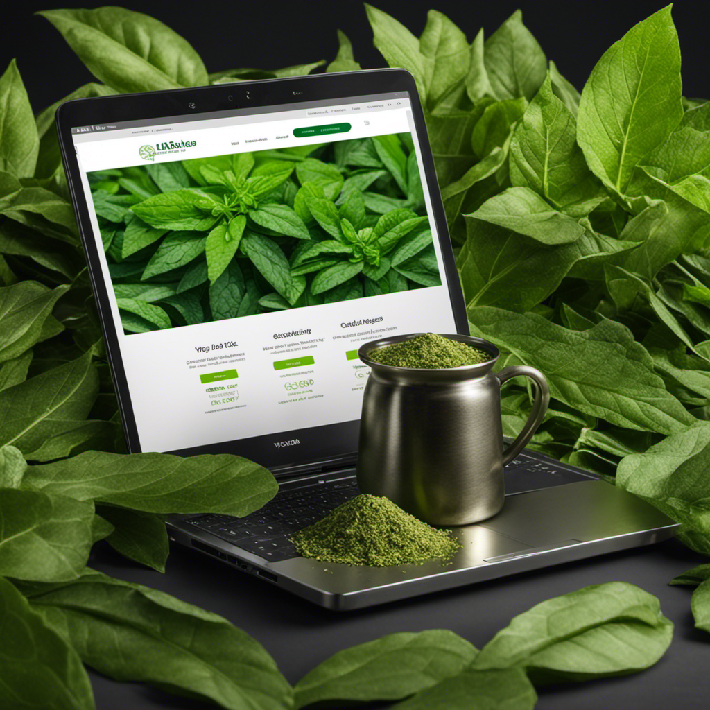 An image featuring a laptop surrounded by vibrant green yerba mate leaves, with a hand clicking on an "Add to Cart" button on a website, showcasing the seamless process of selling yerba mate online