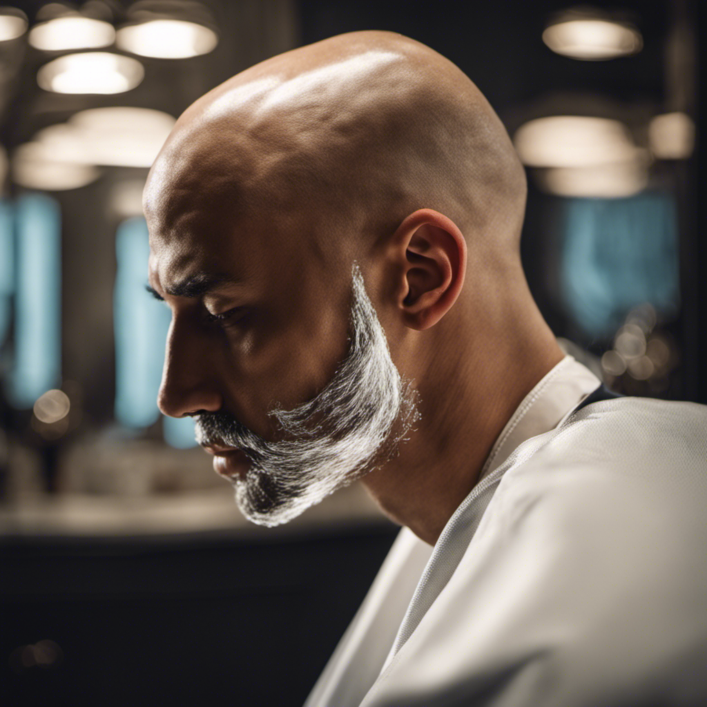 An image depicting a close-up view of a man confidently shaving his own head, with a sharp razor gliding smoothly over his scalp