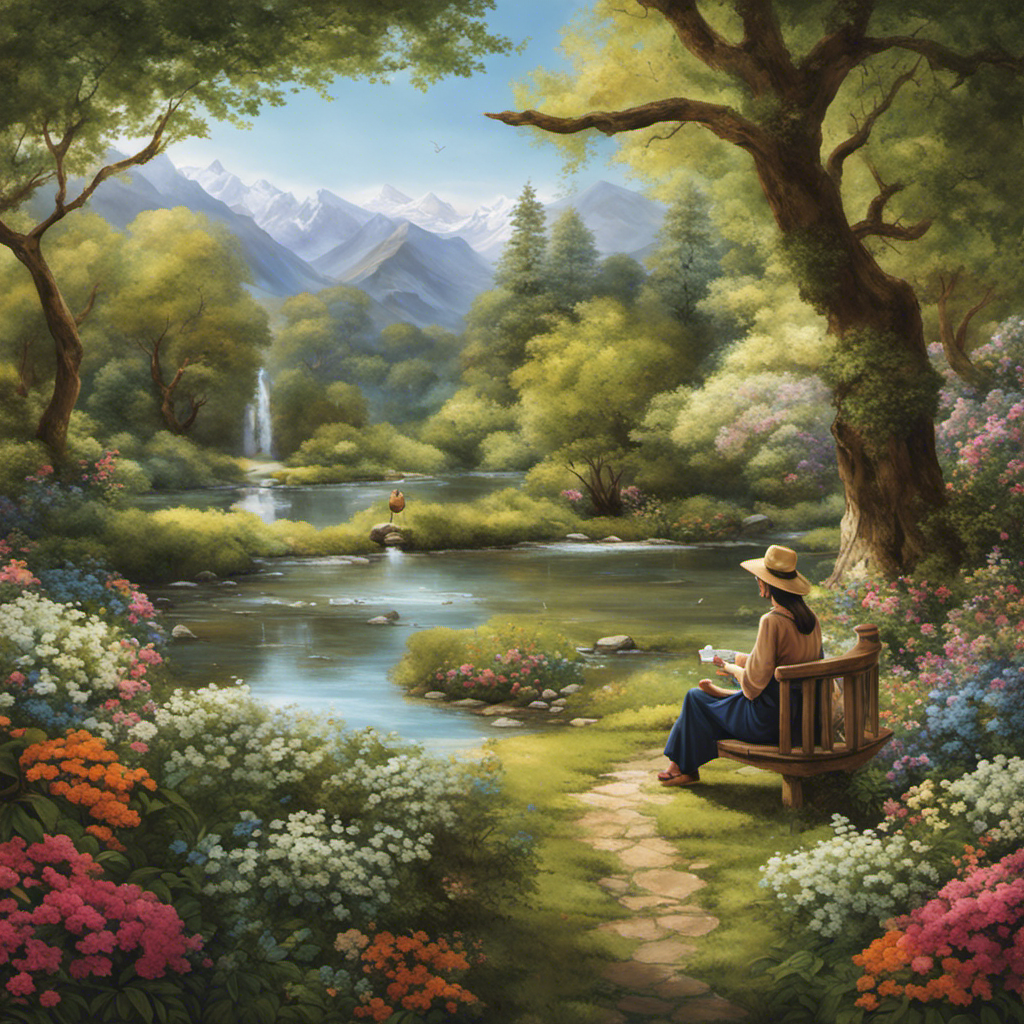 An image featuring a serene setting with a person leisurely sipping on a cup of yerba mate, surrounded by calming nature elements like blooming flowers, gently swaying trees, and a tranquil stream