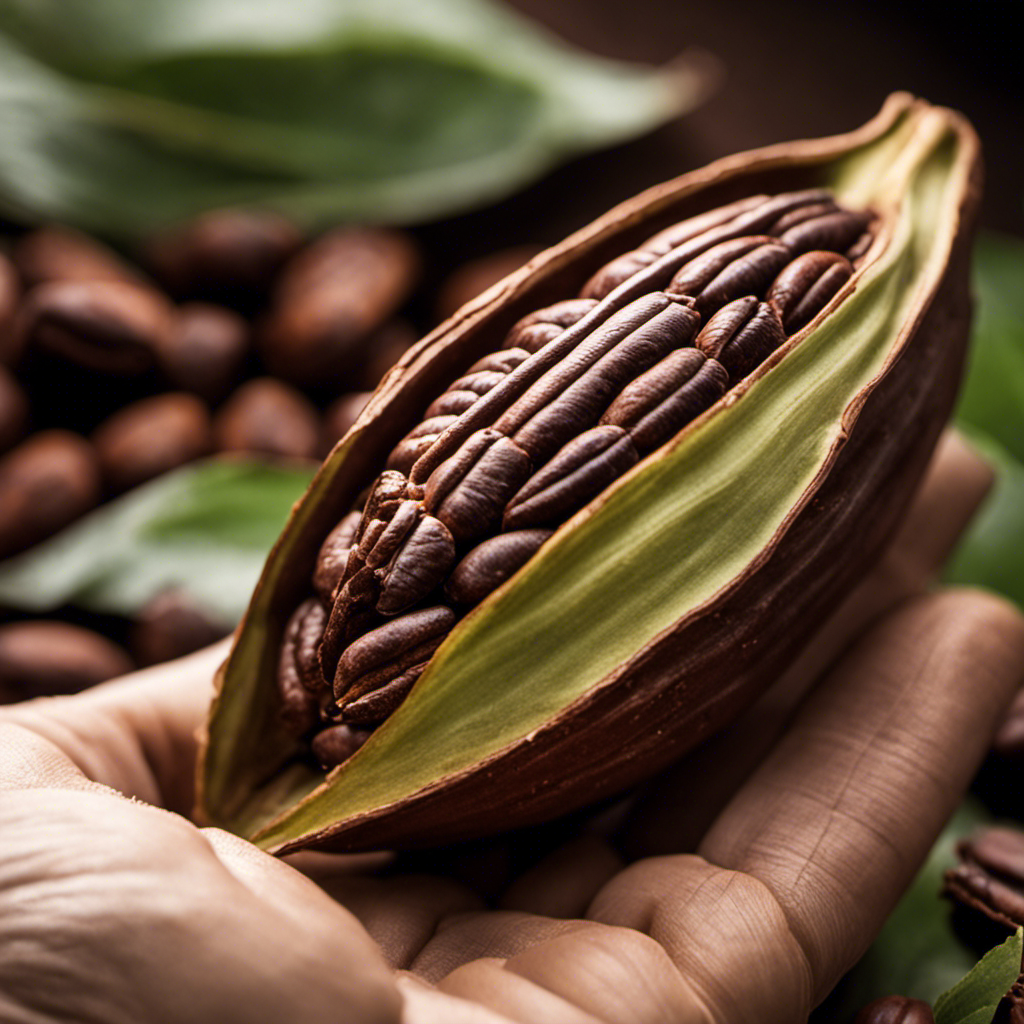 An image capturing the essence of sniffing raw cacao: a close-up shot of a hand delicately holding a freshly split cacao pod, revealing its glossy, aromatic beans ready to be inhaled, exuding rich and earthy scents