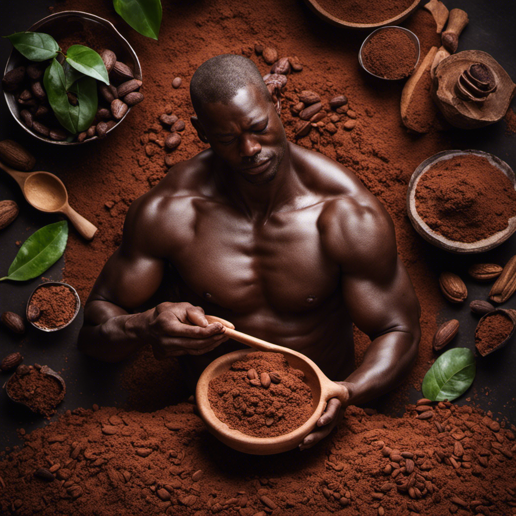 An image showcasing the process of snorting raw cacao: a person tilting their head back, delicately inhaling a fine stream of powdered cacao from their palm, with a slight smile of satisfaction