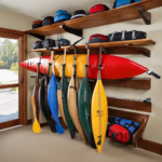 An image showcasing a sturdy, wall-mounted canoe rack in a well-organized garage
