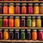 An image showcasing a neatly organized pantry shelf with rows of glass jars filled with vibrant, fizzy kombucha tea