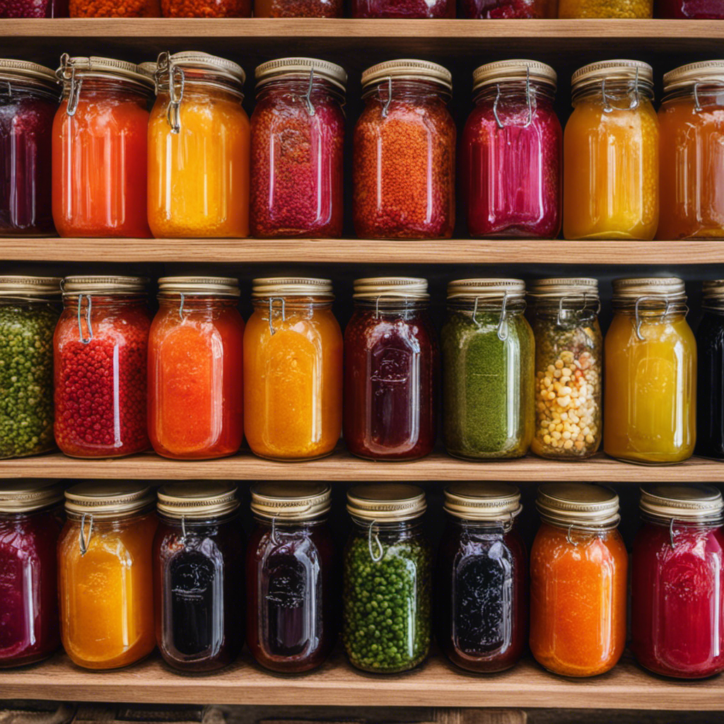 An image showcasing a neatly organized pantry shelf with rows of glass jars filled with vibrant, fizzy kombucha tea