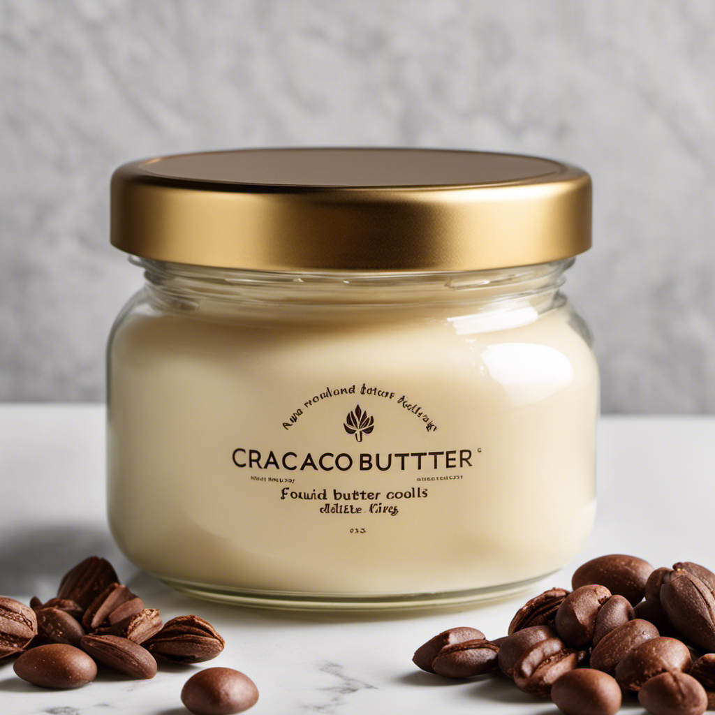An image showcasing a glass jar filled with solid, creamy white cacao butter, neatly sealed with a metallic lid