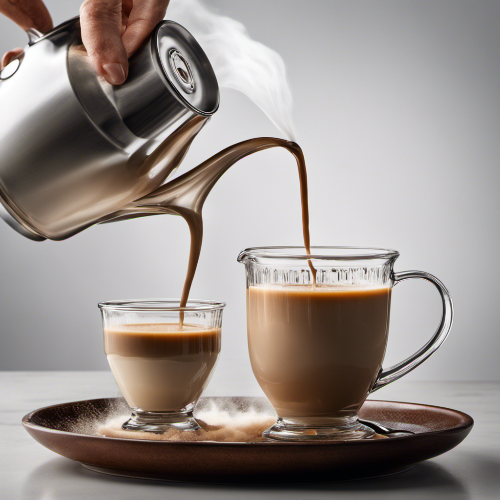 An image showcasing a steaming cup of coffee being poured into a mixing bowl, while a measuring cup filled with coffee creamer gradually replaces the milk, illustrating the step-by-step process of substituting coffee creamer for milk in cooking