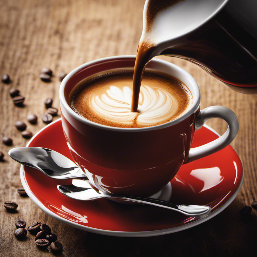 An image that showcases a vibrant cup filled with dark, rich espresso, being gracefully poured into a steaming cup of milk, highlighting the step-by-step process of substituting coffee for espresso