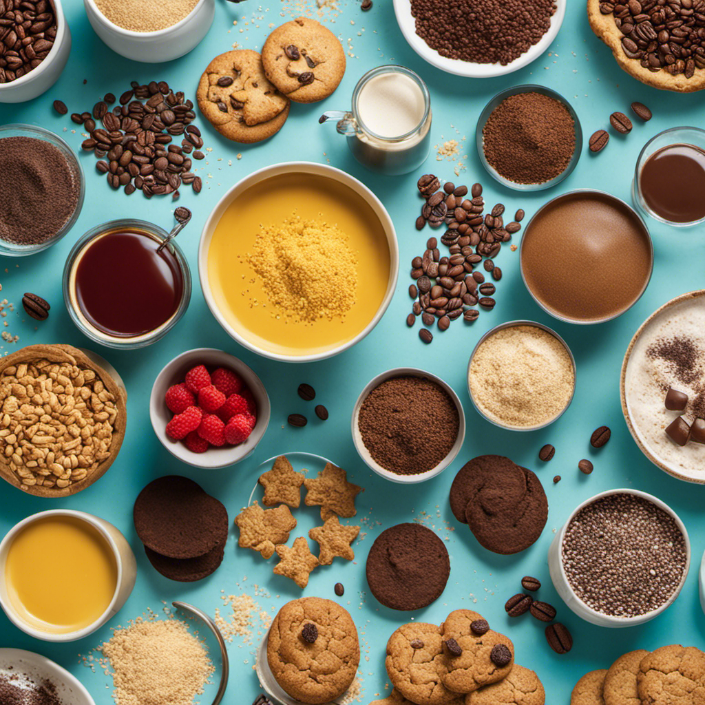 An image showcasing a vibrant kitchen scene, featuring a bowl of dry non-dairy coffee granules being seamlessly incorporated into various recipes like cookies, cakes, and smoothies