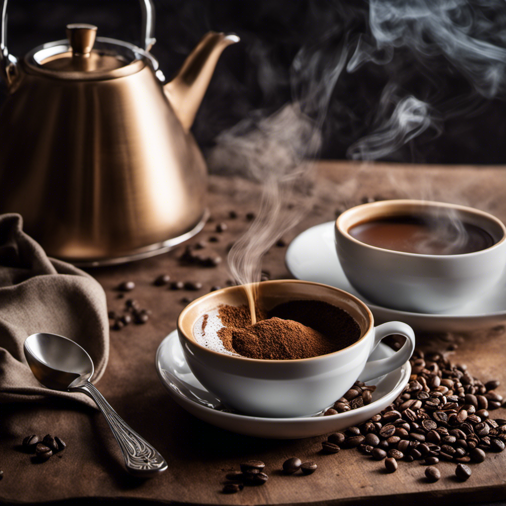 An image showcasing a close-up of a spoonful of rich instant espresso powder, gently pouring into a cup, while a steaming kettle in the background hints at the substitution process