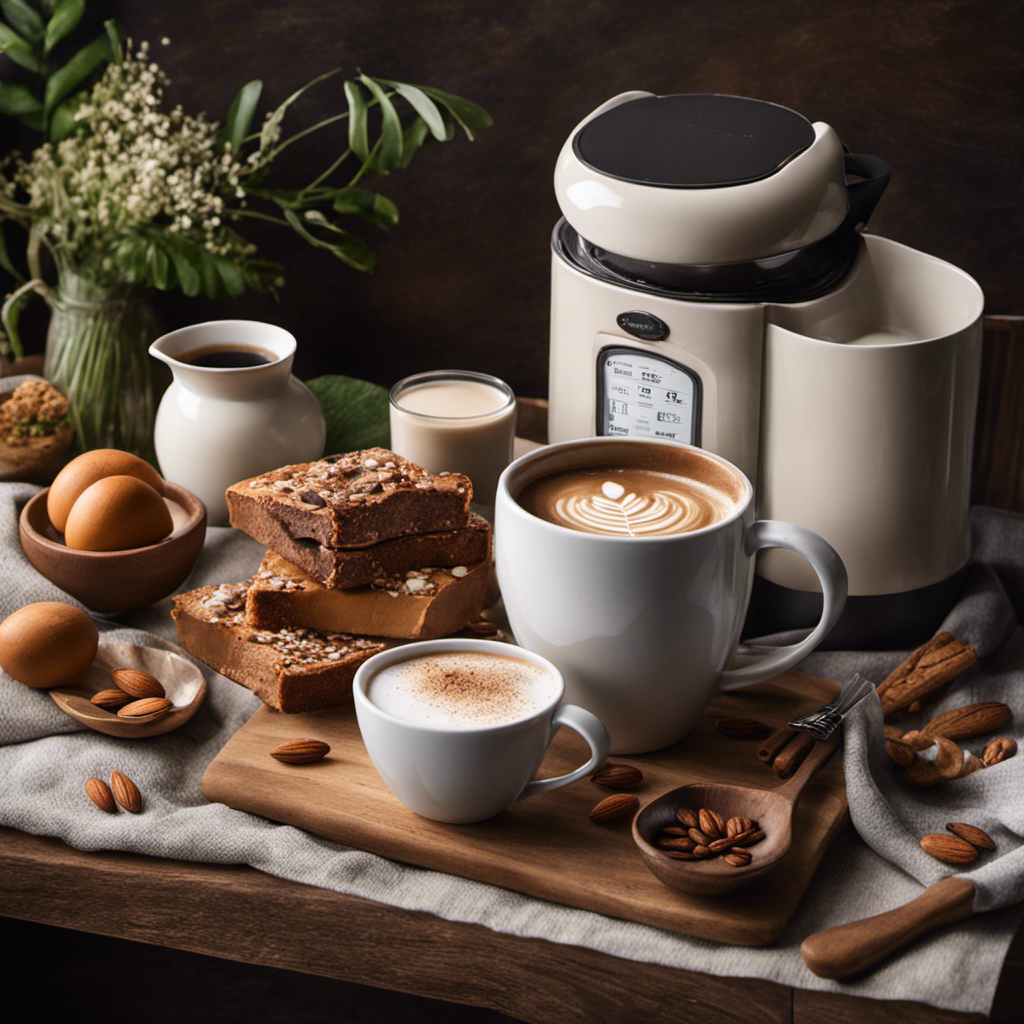 An image showcasing a cozy kitchen scene with a steaming mug of coffee, surrounded by ingredients like almond milk, coconut cream, and soy milk