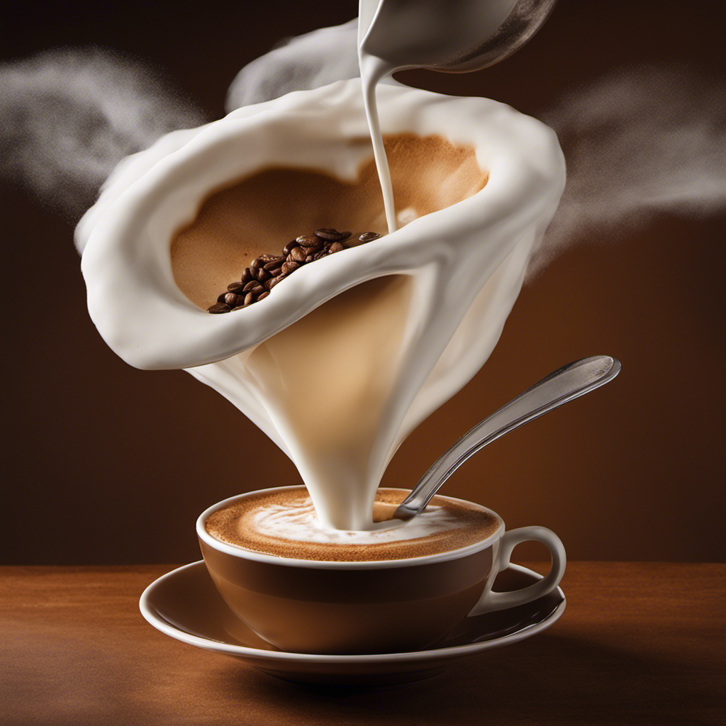 An image featuring a cup of steaming hot coffee with a swirling cloud of powdered coffee creamer gracefully descending into the cup, demonstrating the step-by-step process of substituting milk with powdered coffee creamer