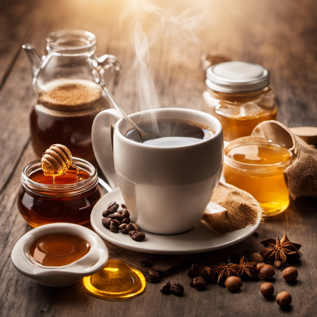 An image showcasing a cup of steaming coffee with a variety of alternative sweeteners nearby, such as honey, maple syrup, stevia, and coconut sugar