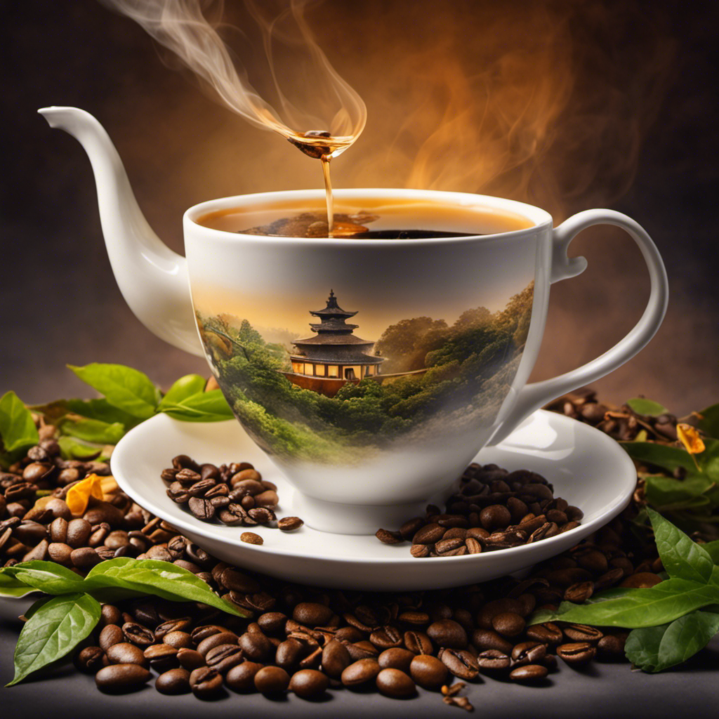 An image depicting a serene morning scene with a steaming cup of tea, surrounded by a variety of tea leaves and coffee beans